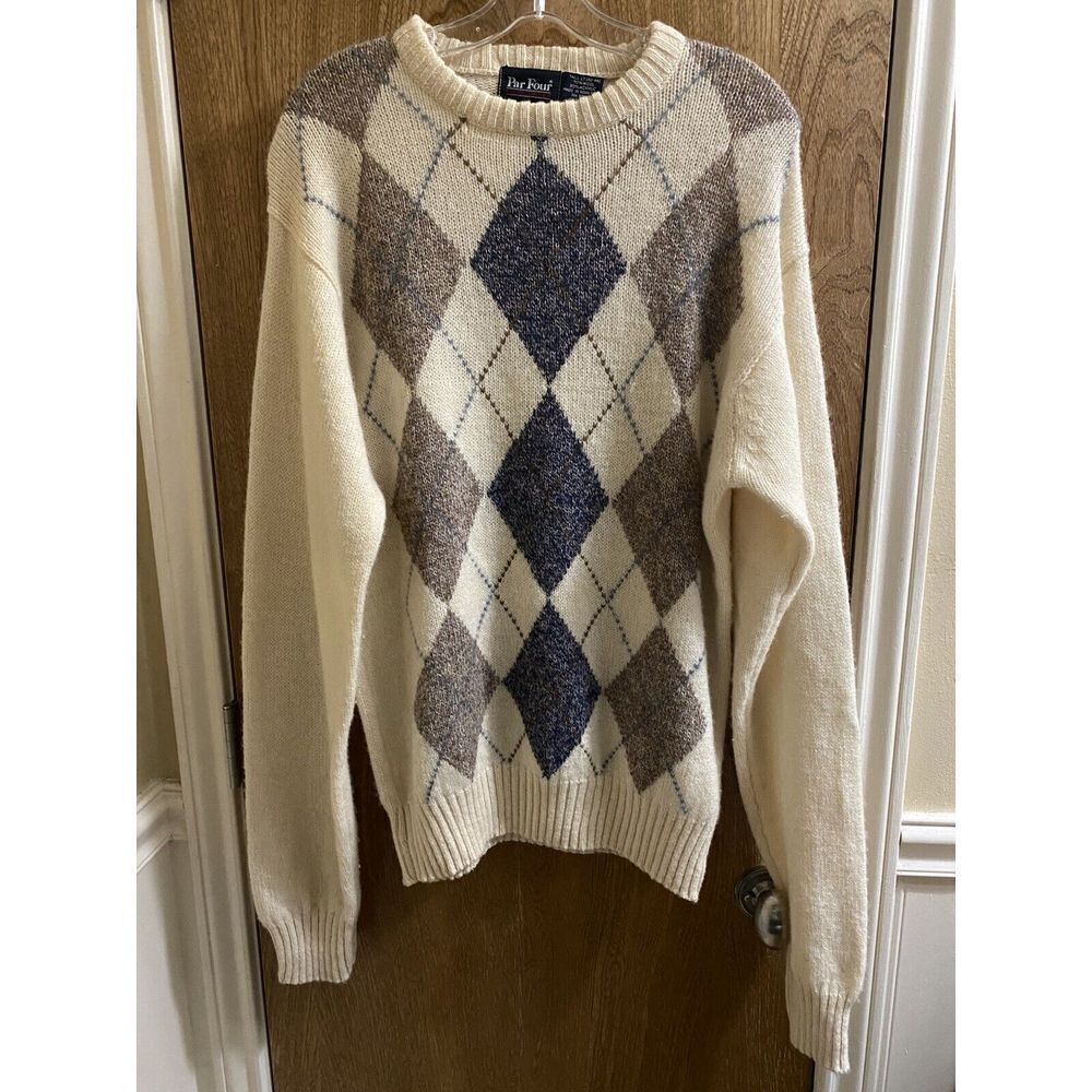 Vintage Par Four Sportswear Ivory Argyle Print Wool V-Neck Sweater Tall LT 42-44